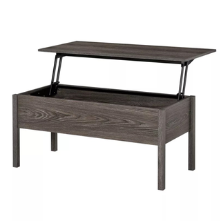 A dark wooden lift-top coffee table