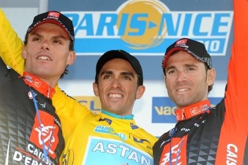 The final podium of the 2010 Paris-Nice: Luis Leon Sanchez, Alberto Contador and Alejandro Valverde.