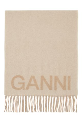 Ganni Beige Fringed Wool Scarf