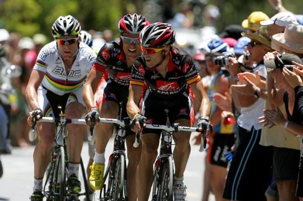 Caisse d'Epargne riders Luis Leon Sanchez and Alejandro Valverde with BMC Racing Team's Cadel Evans in the race winning move.