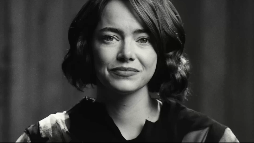 Headshot of emma stone in black and white for Squarespace campaign 
