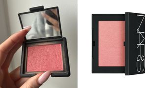 On the left, a close-up of Digital Beauty Writer, Sennen Prickett's hand holding the NARS Orgasm blush - in front of a white wall - and on the right, a product shot of the same NARS blush, on a white background