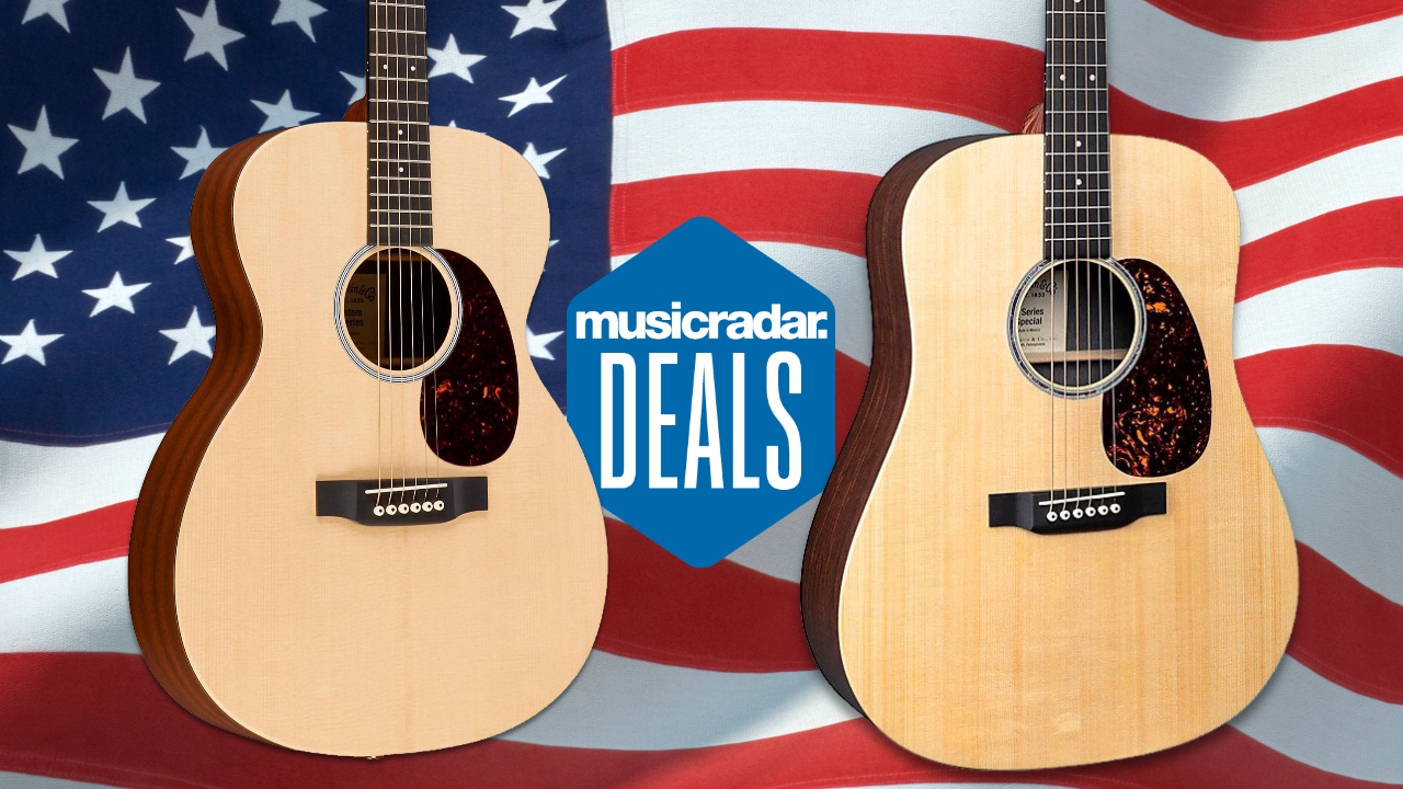 The Martin Dreadnought X1AE and 000-X1AE guitars on a Stars and Stripes background with a 'Music Radar deals' tag in the centre