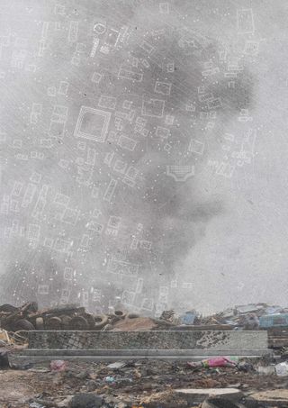 A sketch in color of the ground full of trash, with a recycling plan drawn on the sky.
