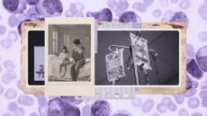 Photo collage of a polaroid of a small child sitting on the edge of a hospital bed with an adult woman next to her. Underneath, there is a photo of an IV drip and a microscope photo of cancerous cells.