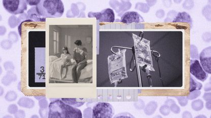 Photo collage of a polaroid of a small child sitting on the edge of a hospital bed with an adult woman next to her. Underneath, there is a photo of an IV drip and a microscope photo of cancerous cells.