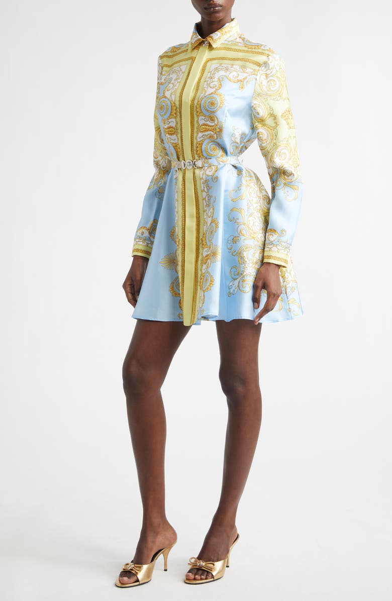 Barocco Print Belted Long Sleeve Silk Shirtdress