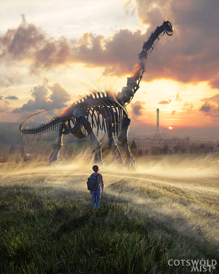 Cotswold Mist; a skeleton of a dinosaur walks across an English field