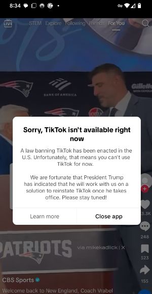 TikTok unavailable pop-up.