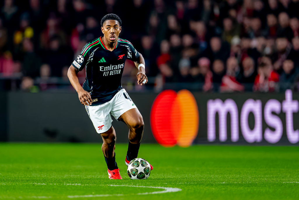 Arsenal midfielder Myles Lewis-Skelly participates in the match between PSV and Arsenal at the Philips Stadium for the UEFA Champions League Round of 16, 1st leg, season 2024-2025, in Eindhoven, Netherlands, on March 4, 2025. (Photo by Marcel van Dorst / EYE4images/NurPhoto via Getty Images)