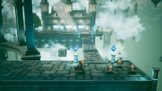 Screenshot from Final Fantasy Resonance, showing a blonde pixel-art character running toward a group of small, white, winged creatures in a blue floating city.