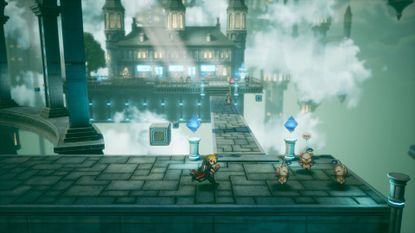 Screenshot from Final Fantasy Resonance, showing a blonde pixel-art character running toward a group of small, white, winged creatures in a blue floating city.