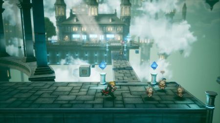 Screenshot from Final Fantasy Resonance, showing a blonde pixel-art character running toward a group of small, white, winged creatures in a blue floating city.