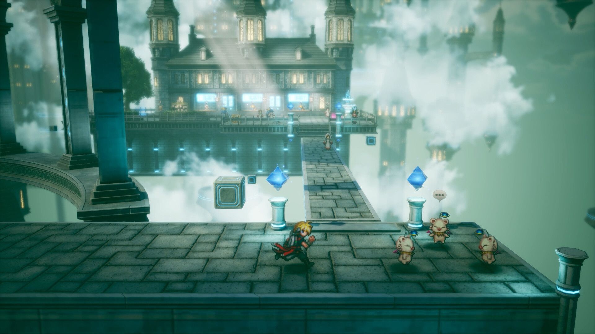 Screenshot from Final Fantasy Resonance, showing a blonde pixel-art character running toward a group of small, white, winged creatures in a blue floating city.