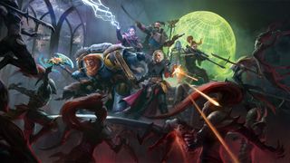Warhammer Rogue Trader; warriors fight monsters set against a green moon