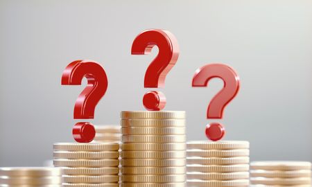 Red question marks on coin stacks before a defocused background. 
