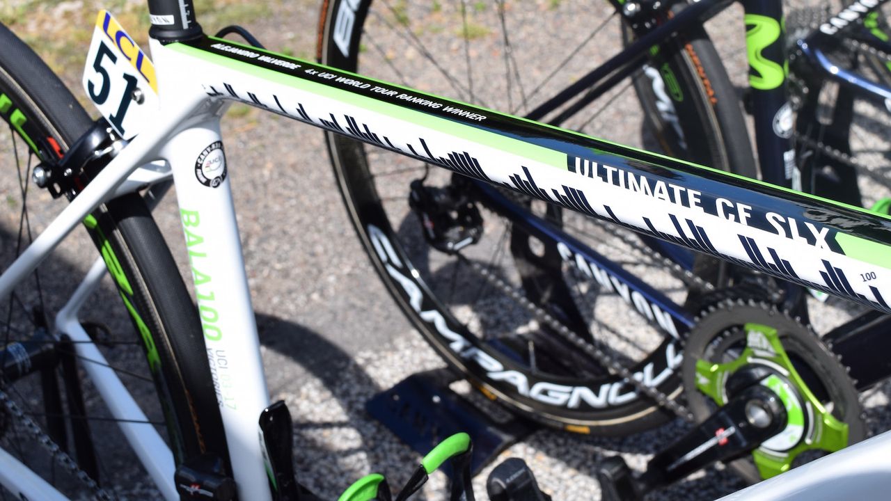 "The bars along the underside of the top tube represent each of Valverde's one hundred, and counting, professional victories"