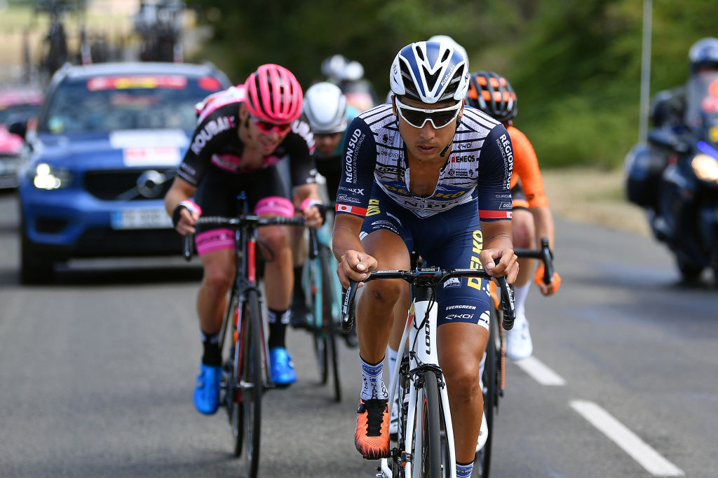 CAP DCOUVERTE FRANCE AUGUST 02 Fumiyuki Beppu of Japan and Team Nippo Delko Provence Samuel Leroux of France and Team Natura4Ever Roubaix Lille Mtropole during the 44th La Route dOccitanie La Depeche du Midi 2020 Stage 2 a 1745km stage from Carcassonne to Cap Dcouverte 344m RouteOccitanie RDO2020 on August 02 2020 in Cap Dcouverte France Photo by Justin SetterfieldGetty Images