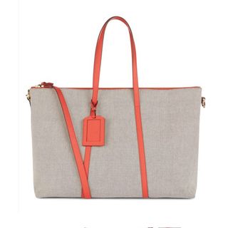Jaeger Large Julianne Holdall Tote with neutral cotton canvas material and bright leather trim