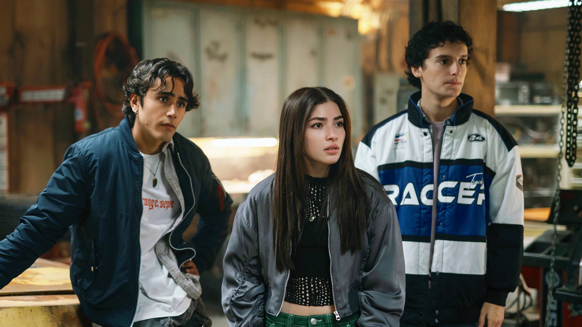 Zac (Michael Cimino), Caitlyn (Melissa Collazo) and Marcel (Nicolas Cantu) in "Motorheads" on Prime Video