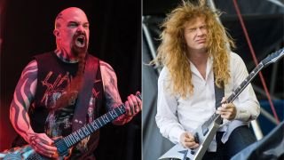 Kerry King and Dave Mustaine playing guitar onstage separately