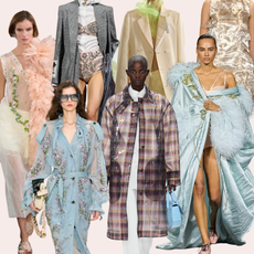 Runway collage from London Fashion Week spring/summer 2027 collections. Designers include Simone Rocha, Erdem, Burberry, Mulberry, Toga, Erdem.