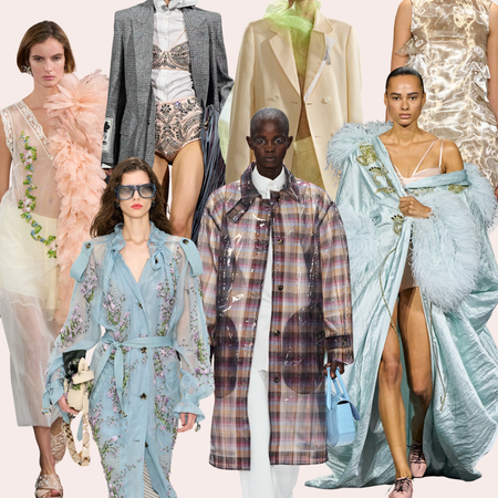 Runway collage from London Fashion Week spring/summer 2027 collections. Designers include Simone Rocha, Erdem, Burberry, Mulberry, Toga, Erdem.