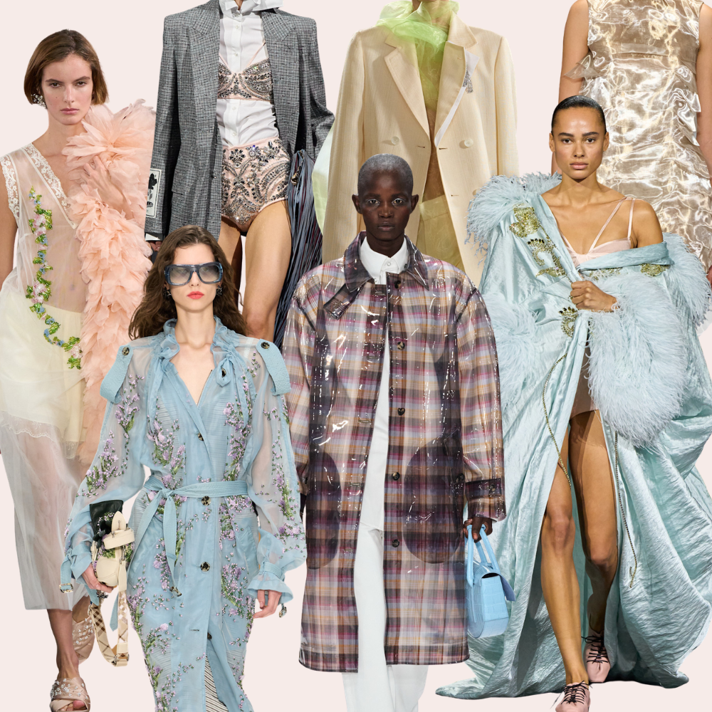 Runway collage from London Fashion Week spring/summer 2027 collections. Designers include Simone Rocha, Erdem, Burberry, Mulberry, Toga, Erdem.