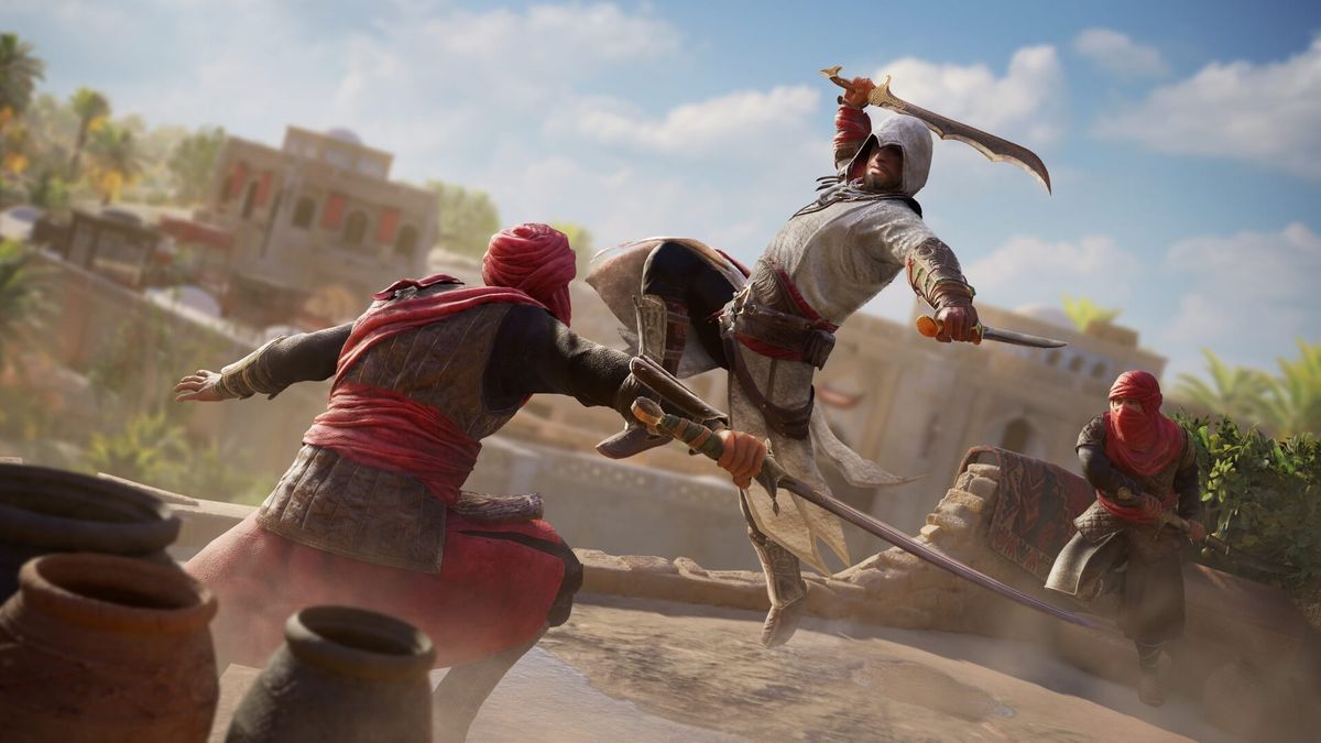 Assassin&#039;s Creed Mirage — Basim leaps into combat with sword and dagger.