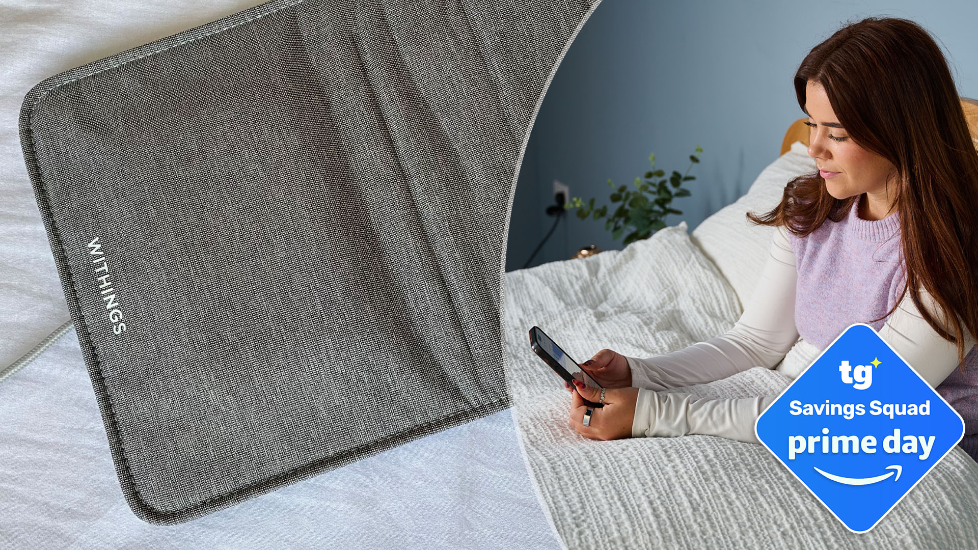 On the left, a close up of the Withings Sleep Mat. On the right, a woman sits up in bed checking the Withings app on her phone. A Tom's Guide Prime Day deals badge in the corner