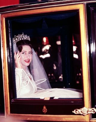 Princess Margaret adorning the Poltimore tiara on her wedding day