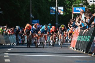 The stage 2 sprint at Tour de Hongrie, with Dylan Groenewegen (Jayco-AlUla) closing on winner Mark Cavendish (Astana Qazaqstan)