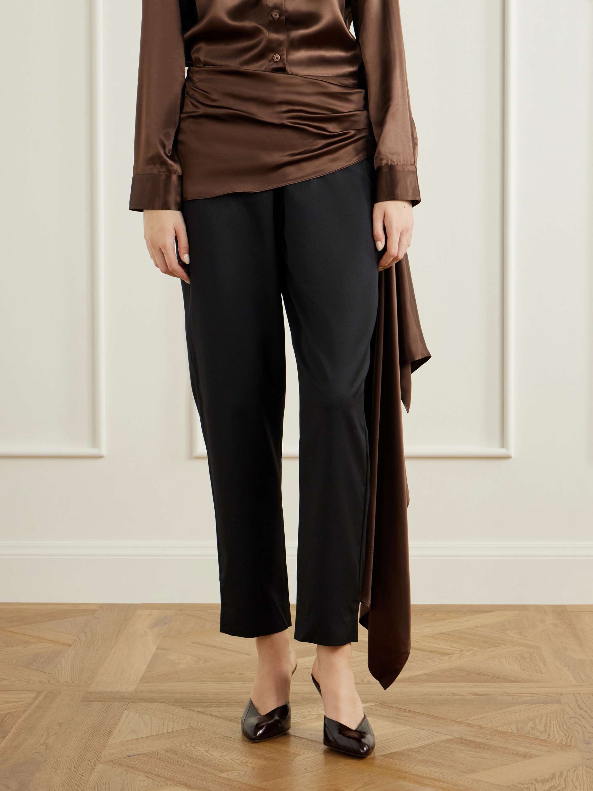 Draped Satin-Trimmed Wool-Blend Twill Straight-Leg Pants