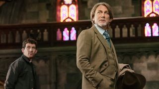 Josh O’Connor and Daniel Craig as Benoit Blanc in "Wake Up Dead Man: A Knives Out Mystery" on Netflix