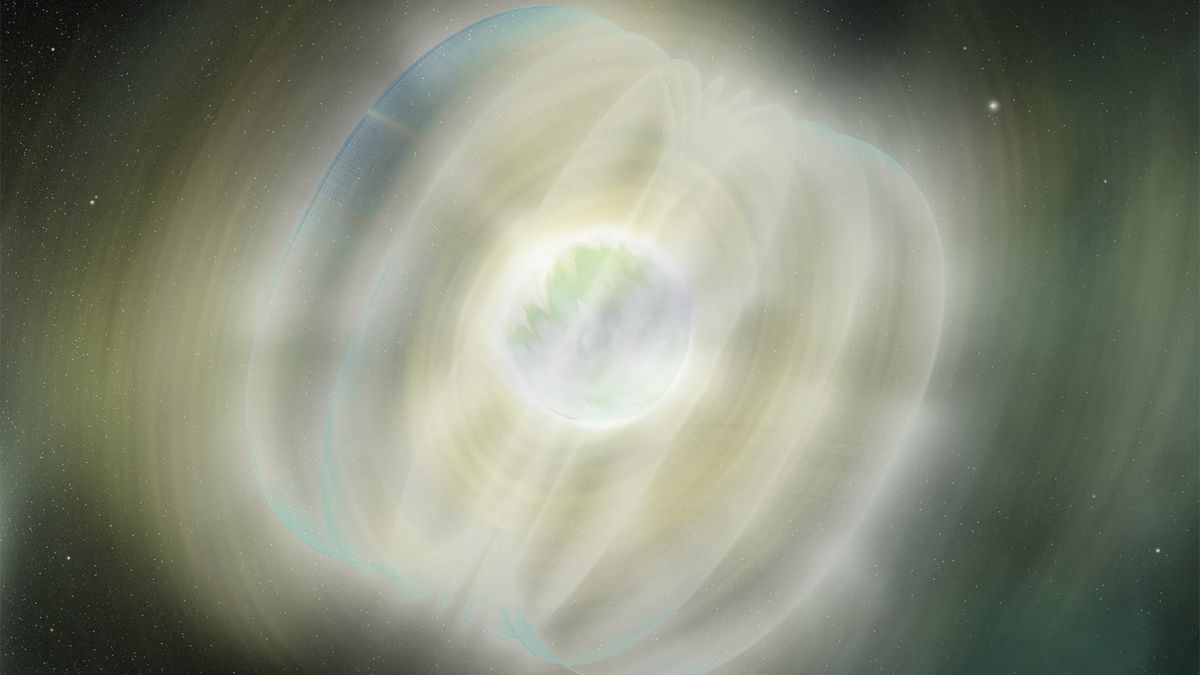 An artist&#039;s impression of a magnetar, a bright, dense star surrounded by wispy, white magnetic field lines