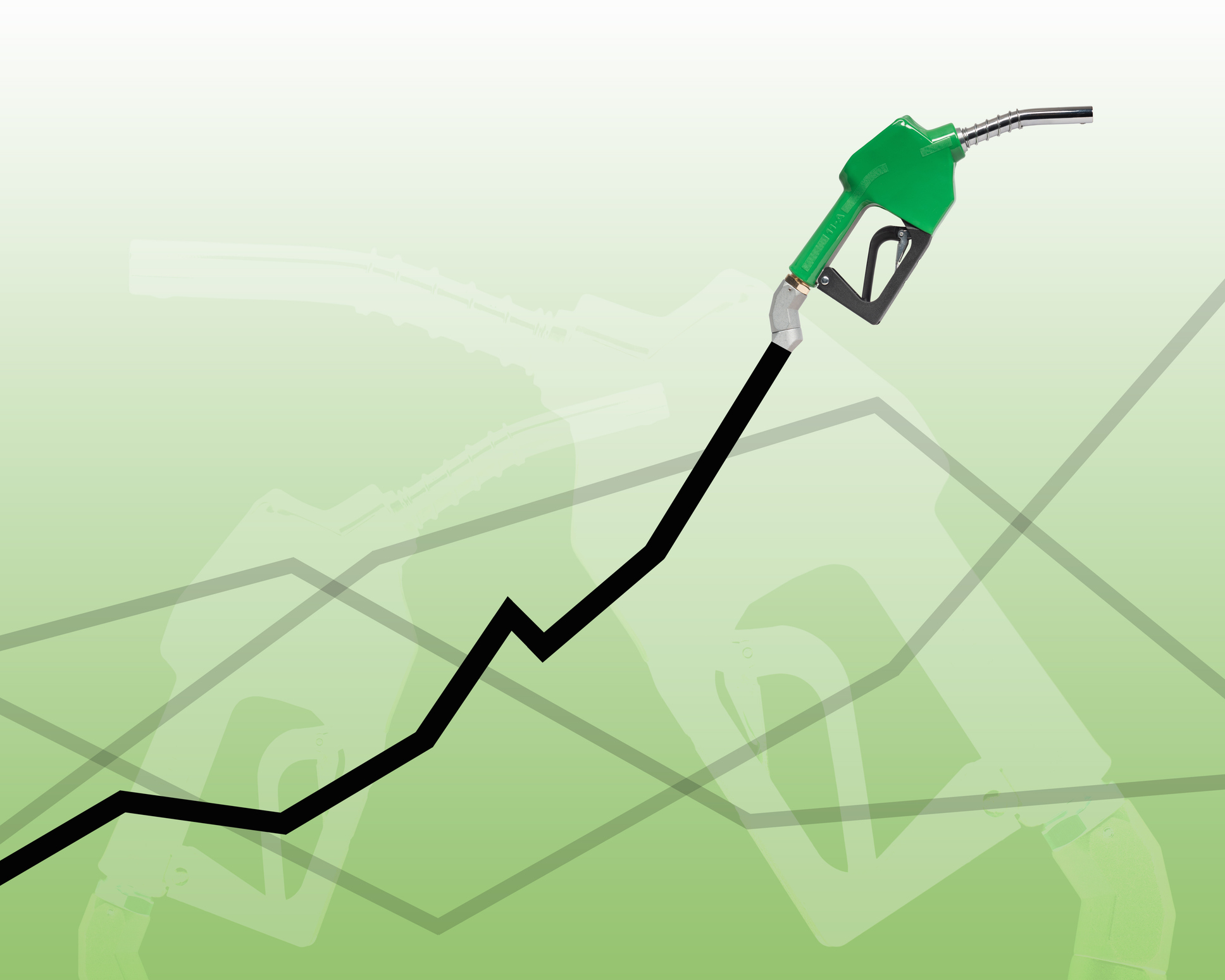 Conceptual illustration featuring a green gasoline pump nozzle integrated into an upward-trending line graph against a clean green gradient background.