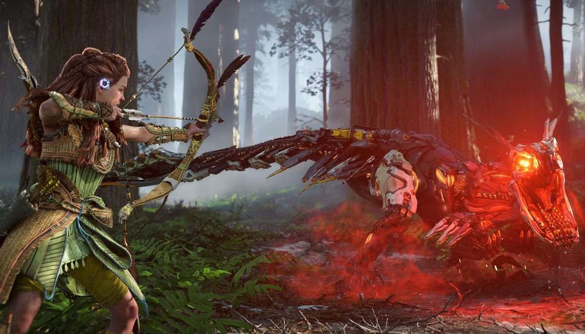 Aloy aiming at a robo-dino