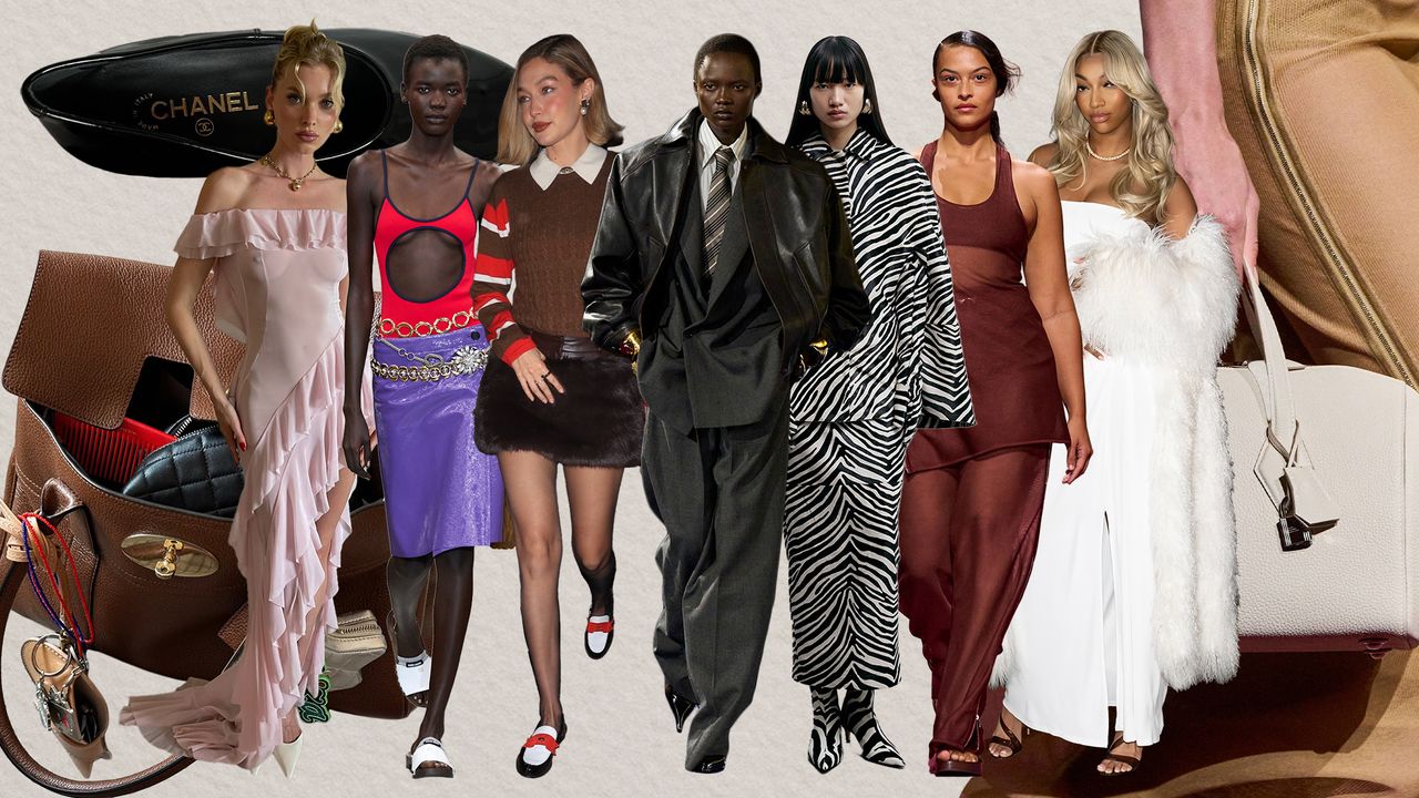 A collage featuring cutout images of models at Miu Miu, Saint Laurent, and Hermès&#039;s S/S 25 shows, as well as Gigi Hadid, Elsa Hosk, and Angel Reese, and a model wearing a zebra print outfit from The New Arrivals: Ilkyaz Ozel. In the background are cutout images of two Hermès bags and Chanel flats.