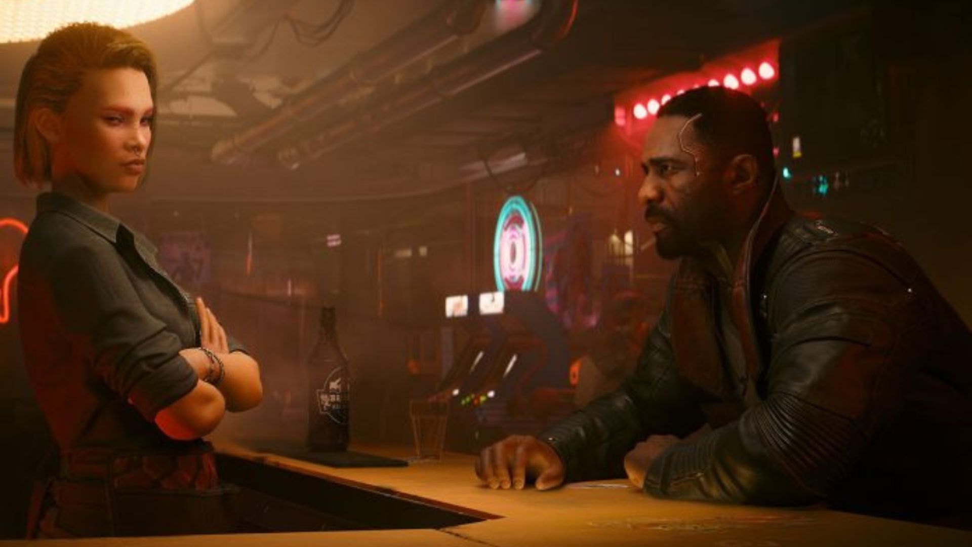 Two characters speaking at a bar in Cyberpunk 2077: Phantom Liberty