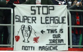 Anti-European Super League banner on display at the San Siro as AC Milan face Liverpool
