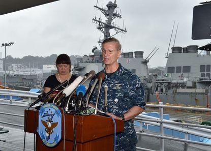 Vice Adm. Joseph Aucoin, Commander of the US 7th Fleet, speaks after the crash of the USS Fitzgerald