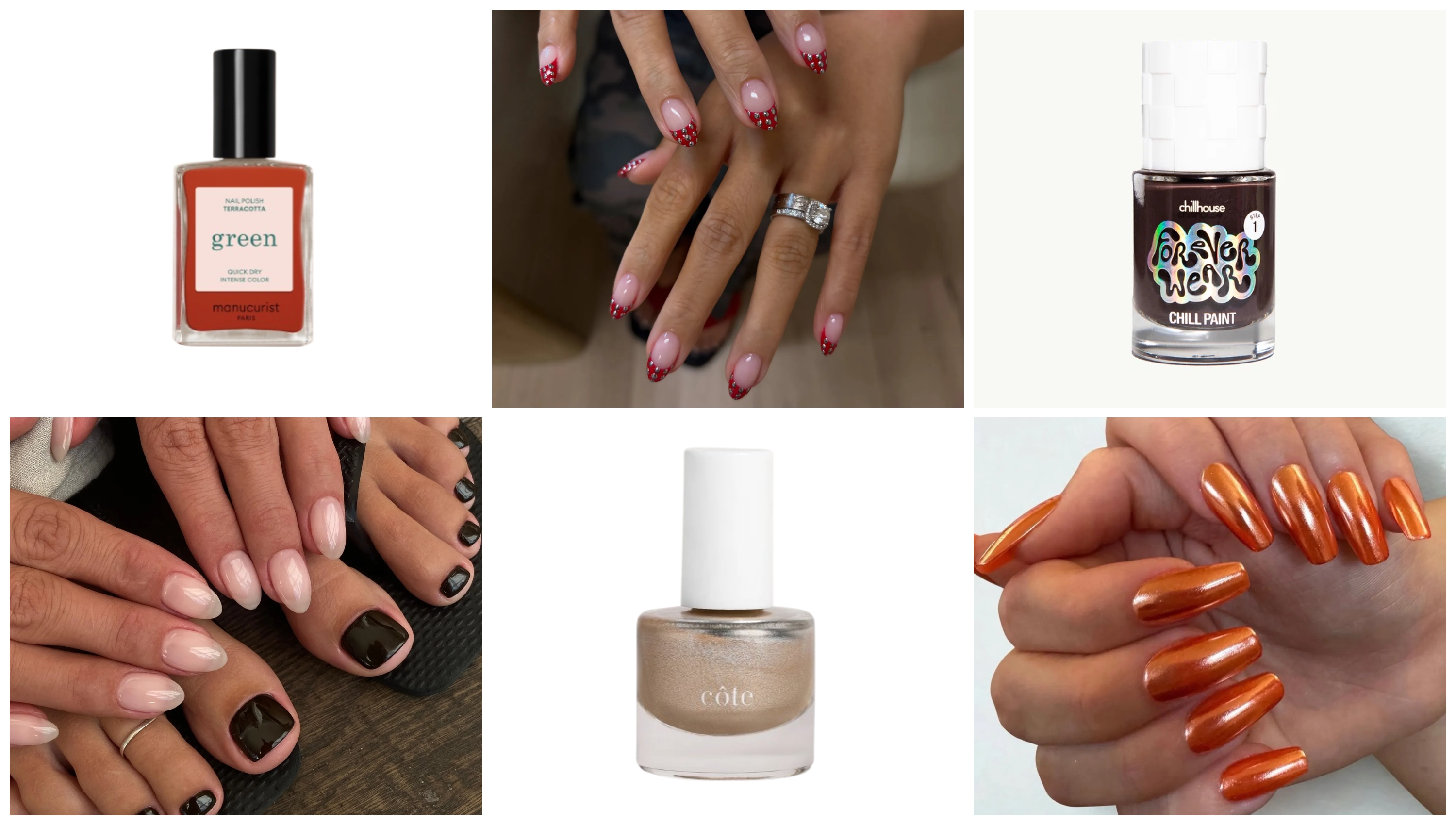 Collage of nail inspiration with red studded French tips, pale pink nails with dark toes, orange chrome nails, and three nail polish bottles