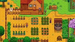 Stardew Valley farm, with the player wearing a straw hat tending to tomato plants