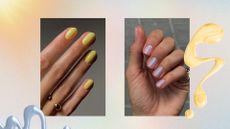 On the left is a close-up of a hand with bright yellow nails, alongside a hand with iridescent pink and blue nails, both created by nail artist Mateja Novakovic (@matejanova) in a blue, pink and purple gradient template with a sunshine effect and a yellow and blue nail polish spill.