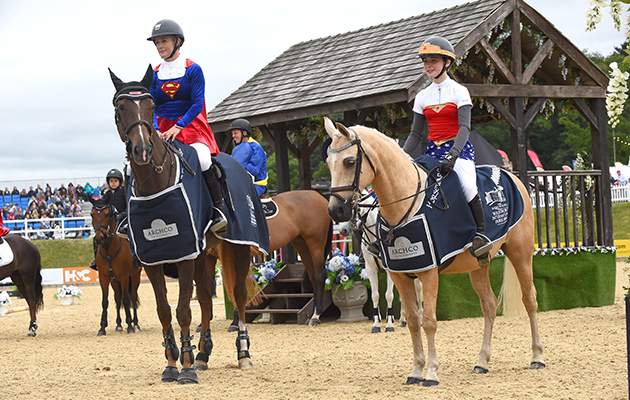 Laura Renwick and Scarlett Lomax-Cox, winners of the invitational Mini Major Relay during the Equerry Bolesworth International Horse Show at Bolesworth Castle near Chester in Cheshire in the UK on 17th June 2018