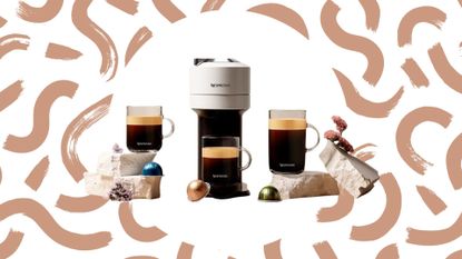 Nespresso Vertuo Next machine with cups against a patterned background