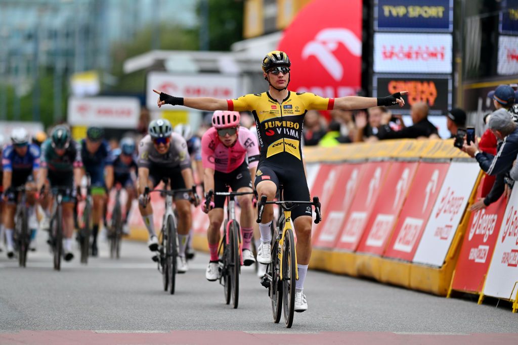 OPOLE POLAND AUGUST 01 Olav Kooij of The Netherlands and Team JumboVisma celebrates at finish line as stage winner during the 80th Tour de Pologne 2023 Stage 4 a 1991km stage from Strzelin to Opole UCIWT on August 01 2023 in Opole Poland Photo by Dario BelingheriGetty Images