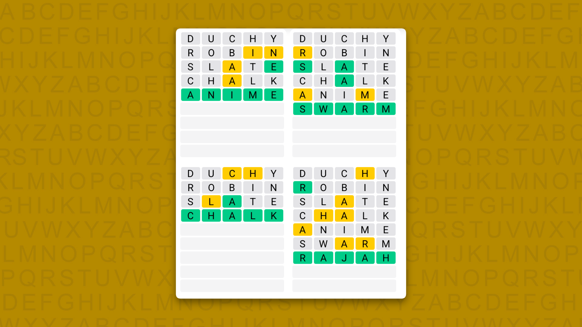 Quordle answers for game 1741 on a yellow background