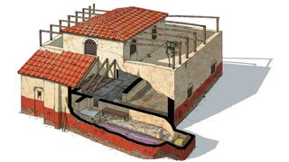 A reconstruction of what the Mithraeum of Colored Marbles looked like. The spelaeum, the most important room in the mithraeum, is on the bottom level.