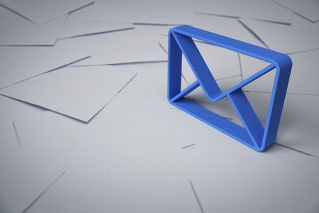 Blue plastic mail 3d icon on a stack of white envelopes